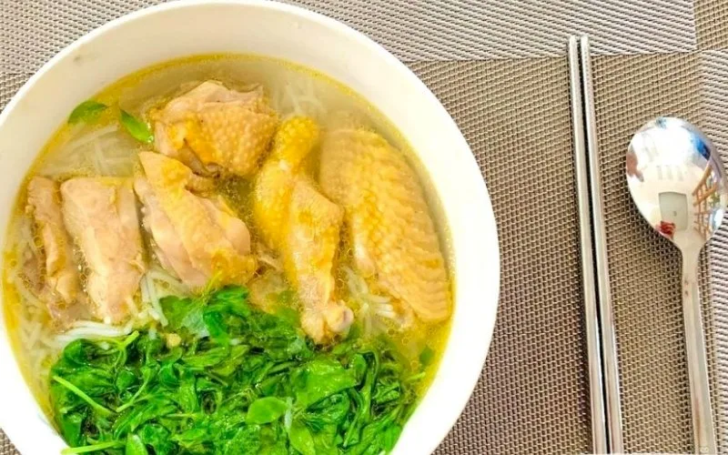 Bun Ga La E (Chicken Noodle Soup with Lemon Basil)